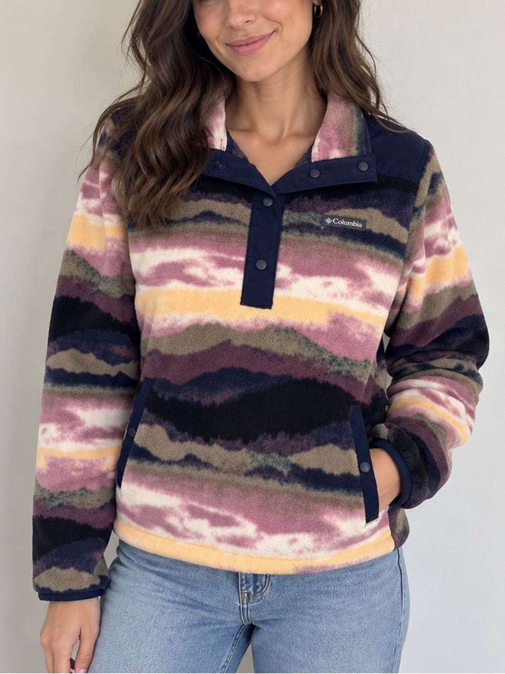 Columbia Multicolor Striped Fleece Pullover - Pink, Yellow, Navy, Brown